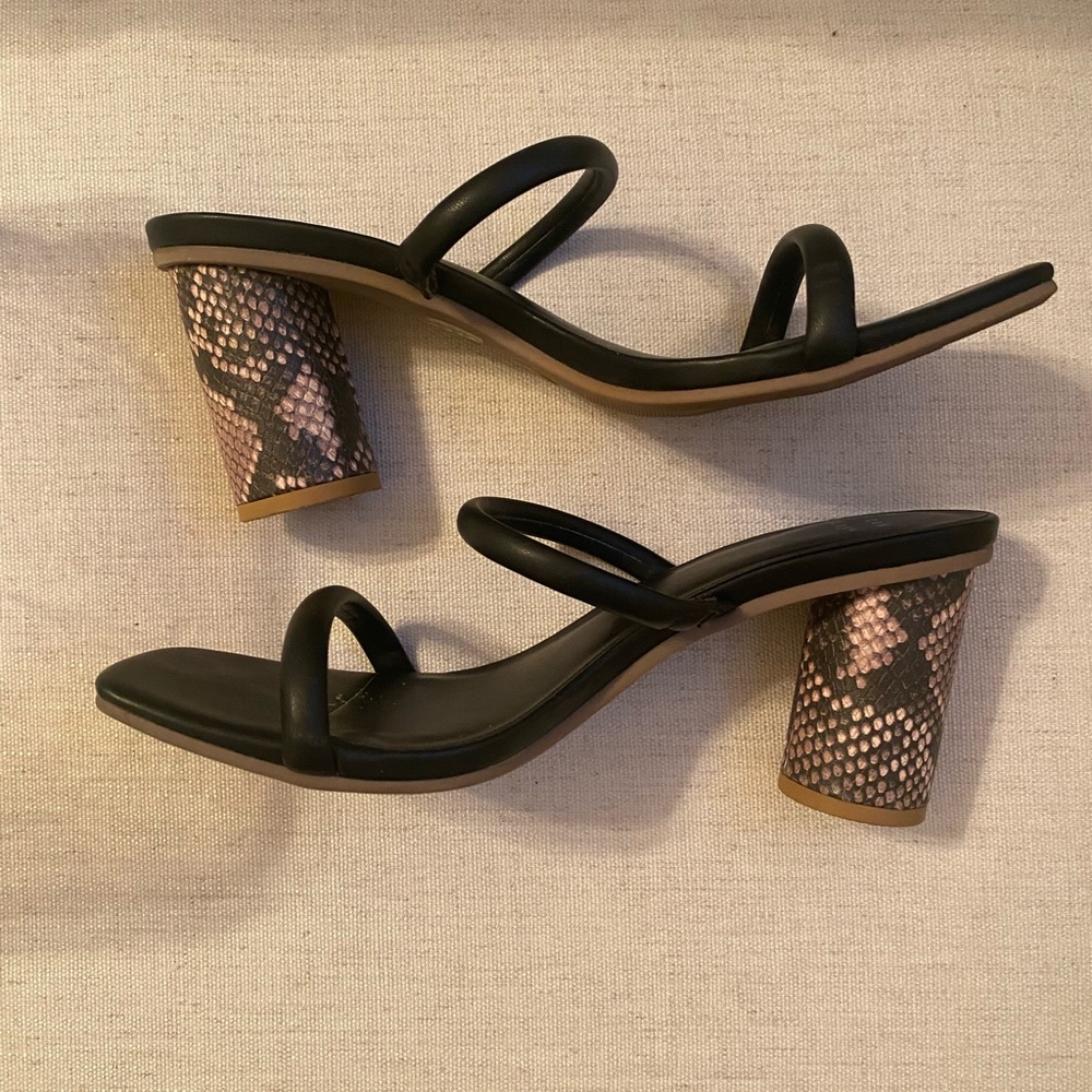 Black snakeskin heeled sandals